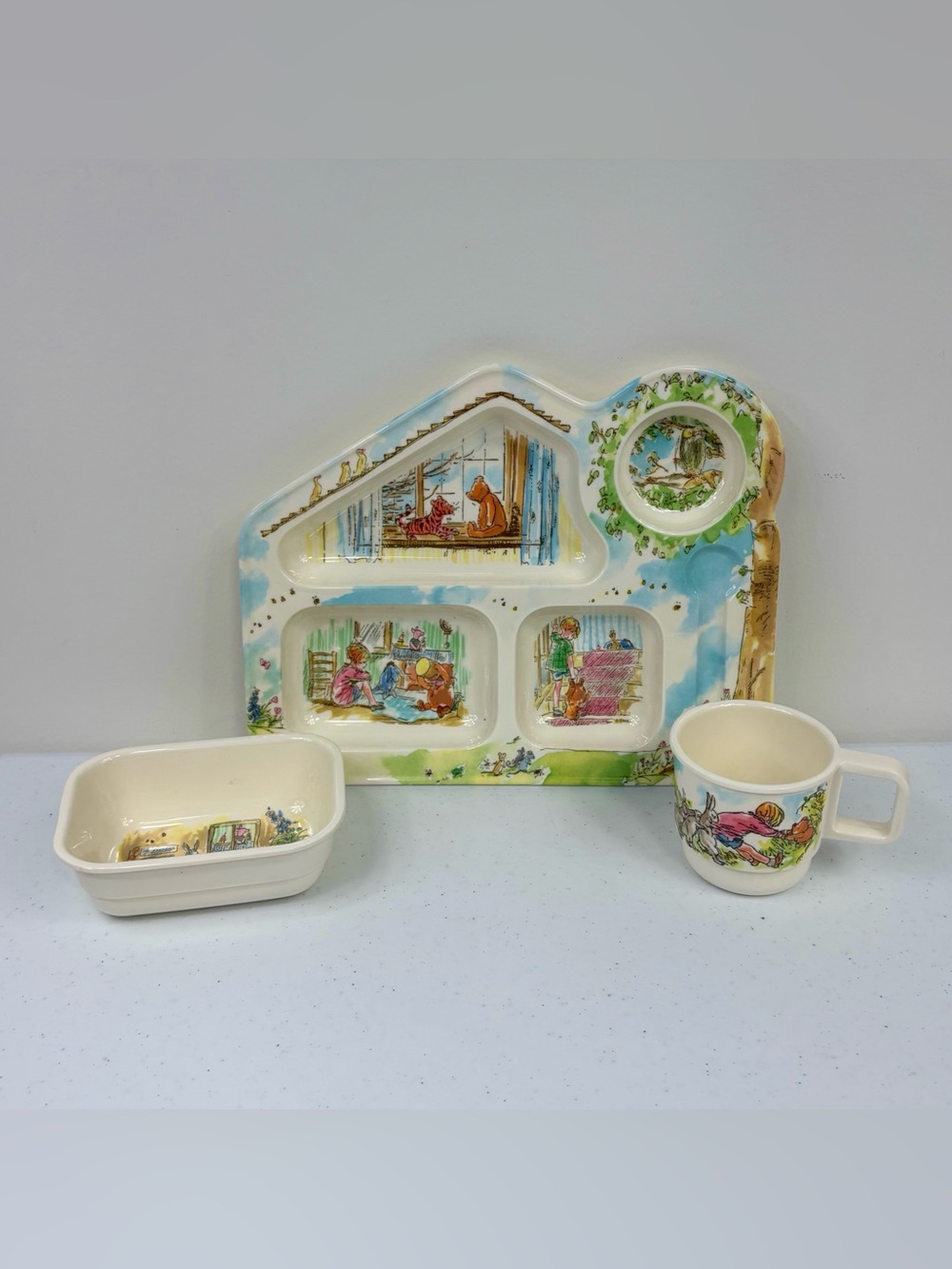 Vintage Kibouki Winnie The Pooh Melamine Dinner Set Divided Plate, Bowl & Cup